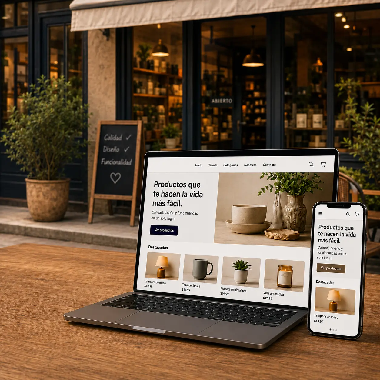 Tienda online mostrada en laptop y móvil
