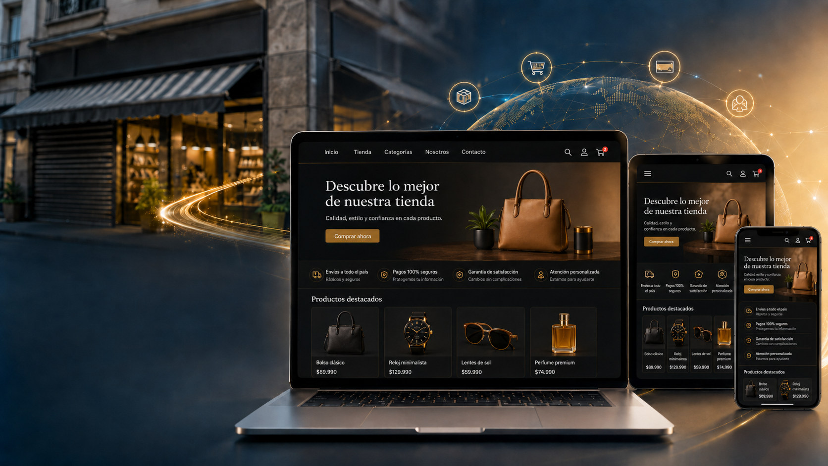 Experiencia de comercio electrónico sincronizada en computadora, tablet y móvil