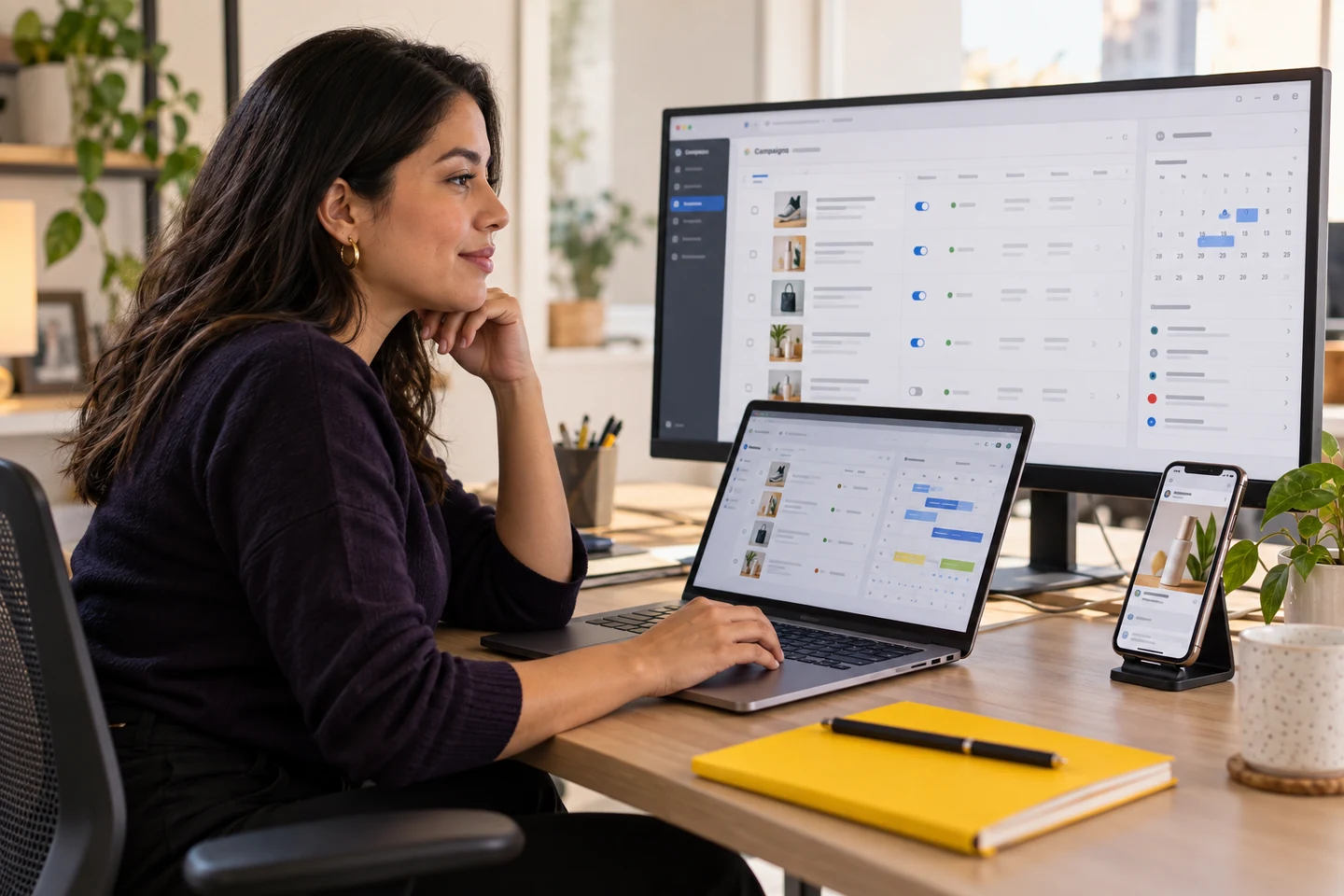 Representación de una especialista revisando programación y entrega de anuncios Representación de una especialista revisando programación y entrega de anuncios